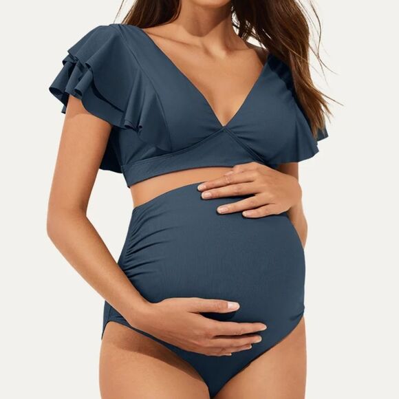 Summer Mae 2 pc Ruffle Ribbed Maternity Swimsuit Pine Green Sz 10 NWT - Picture 9 of 13